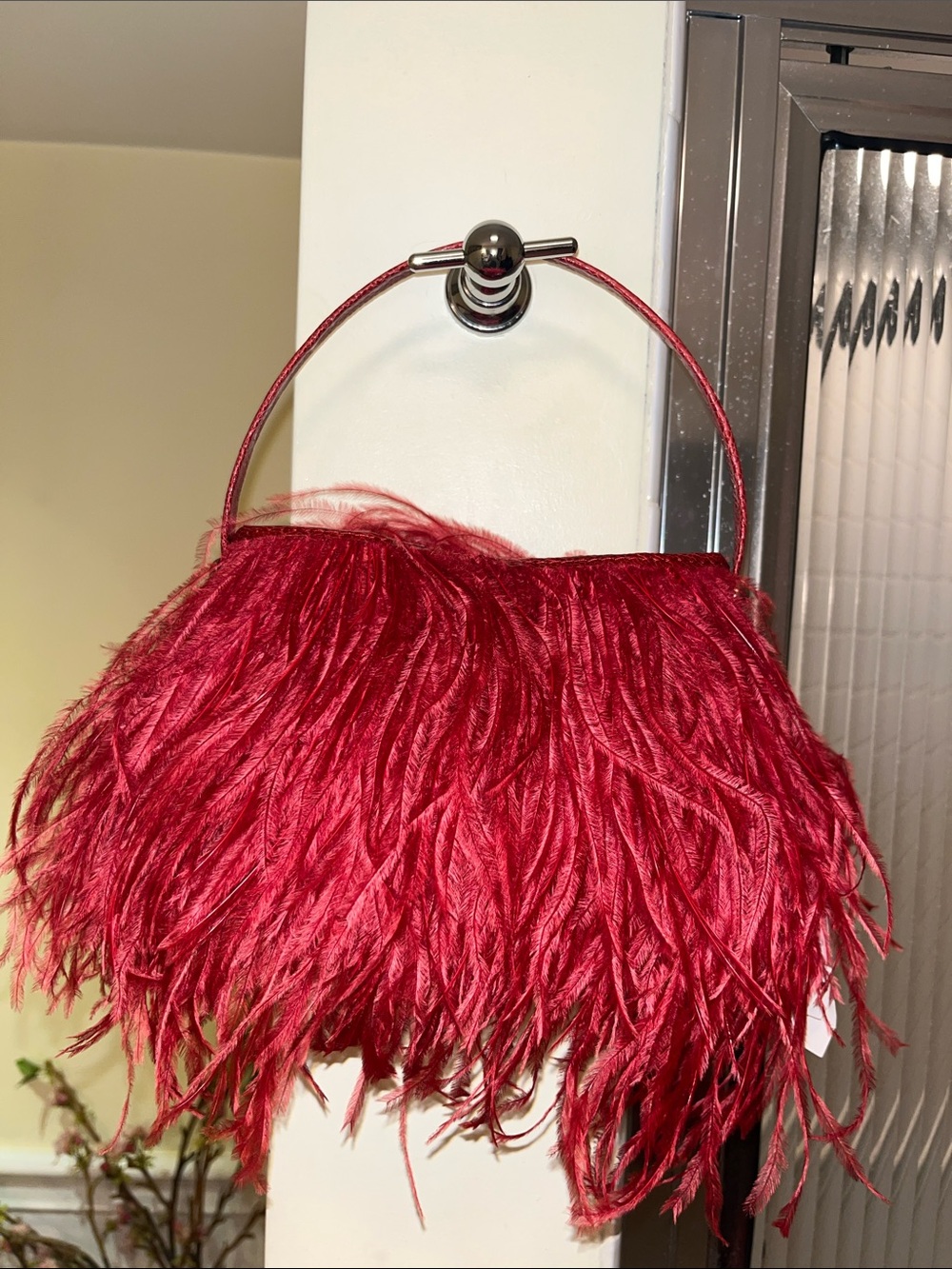 Rarity genuine ostrich feather suede handbag with lizard leather trim & handle